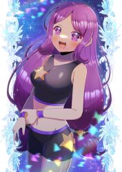 Rule 34 | 1girl, :d, black shorts, blush, breasts, commentary request, commission, dark-skinned female, dark skin, groin, kou hiyoyo, long hair, looking at viewer, low twintails, medium breasts, open mouth, original, own hands together, parted bangs, purple eyes, purple hair, shorts, skeb commission, smile, solo, standing, star-shaped pupils, star (symbol), symbol-shaped pupils, twintails, very long hair, wristband