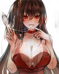 Rule 34 | 1girl, azur lane, bad id, bad pixiv id, bare shoulders, black hair, blush, breasts, choker, cleavage, cocktail dress, crossed bangs, dress, large breasts, looking at viewer, one side up, pouring, pouring onto self, red choker, red dress, red eyes, suggestive fluid, suru (ksoo420), taihou (azur lane), taihou (forbidden feast) (azur lane), yogurt
