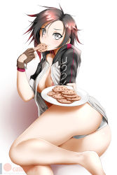 Rule 34 | 1girl, arknights, ass, asymmetrical gloves, barefoot, blush, breasts, brown gloves, brown hair, cleavage, closed mouth, cookie, exusiai (arknights), food, gloves, gradient hair, grey eyes, hair between eyes, highres, holding, holding plate, hood, hood down, hooded jacket, jacket, kimmy77, long sleeves, looking at viewer, lying, medium breasts, multicolored hair, naked jacket, on side, open clothes, open jacket, panties, plate, red hair, ruby rose, rwby, short hair, simple background, single glove, smile, solo, underwear, uneven gloves, watermark, white background, white panties