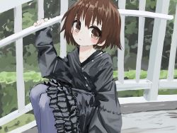 Rule 34 | 1girl, absurdres, bad id, bad twitter id, black jacket, blush, brown eyes, brown hair, closed mouth, fence, gishiki (gshk), highres, jacket, kill me baby, long sleeves, looking at viewer, oribe yasuna, outdoors, pantyhose, purple pantyhose, sitting, solo