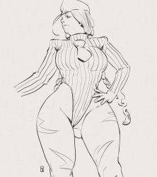 Rule 34 | 1girl, braid, braided ponytail, cammy white, crotch, from below, hand on own hip, highleg, highleg leotard, highres, joy boy, leotard, long hair, looking to the side, monochrome, serious, sketch, street fighter