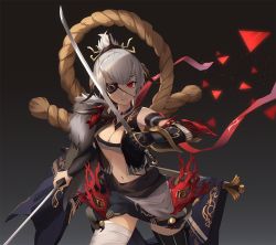 Rule 34 | 1girl, arm guards, bandaged leg, bandages, breasts, cleavage, cowboy shot, dual wielding, eruthika, eyepatch, grey hair, holding, holding sword, holding weapon, horns, legs apart, looking at viewer, medium breasts, navel, original, parted lips, ponytail, red eyes, sash, sidelocks, solo, sword, thighhighs, vest, weapon