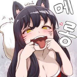 Rule 34 | 1girl, ahri (league of legends), animal ears, artist name, black hair, blush, breasts, cleavage, facial mark, fangs, finger in own mouth, fox ears, fox girl, fox tail, gradient background, heart, large breasts, league of legends, lolboja, long hair, solo, speech bubble, tail, teeth, tongue, tongue out, translation request, whisker markings, yellow eyes