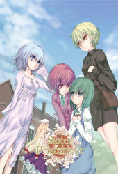 Rule 34 | 5girls, bag, blonde hair, blue eyes, blue hair, blue sky, book, bow, breasts, business suit, day, dress, facing away, formal, frilled dress, frills, green hair, green ribbon, hair bow, hand in own hair, hat, holding, holding book, house, layla prismriver, long hair, long sleeves, looking at another, lunasa prismriver, lyrica prismriver, merlin prismriver, multiple girls, pinafore dress, purple dress, red bow, red eyes, red hair, ribbon, satchel, short hair, sky, sleeveless dress, small breasts, smile, suit, touhou, yakumo yukari, yellow eyes, yunoka gashu