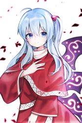 Rule 34 | 1girl, ahoge, black neckwear, black ribbon, blue eyes, blue hair, bow, capelet, dress, hair bobbles, hair ornament, hand on own chest, highres, light blue hair, long hair, red bow, red capelet, red dress, ribbon, shinki (touhou), side ponytail, sidelocks, silver hair, simple background, smile, soooooook2, touhou, touhou (pc-98), upper body, white background, wide sleeves, wings