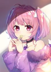 Rule 34 | 1girl, ahoge, bare shoulders, black choker, blush, bow, brooch, candy, choker, collarbone, commentary request, debidebi debiru, demon wings, devicchi, fang, fang out, food, food in mouth, hair ribbon, hands up, highres, jewelry, lollipop, long sleeves, nijisanji, omelet tomato, parted lips, pink hair, purple wings, red eyes, ribbon, shade, short hair, smile, two side up, upper body, virtual youtuber, white bow, wide sleeves, wings