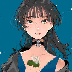 Rule 34 | 1girl, absurdres, bear, black choker, black eyes, black hair, black jacket, blue background, blue camisole, blunt bangs, blurry, camisole, choker, collarbone, depth of field, flower, highres, holding, holding flower, jacket, lace-trimmed camisole, lace trim, leaf, light particles, long hair, looking at viewer, original, parted lips, simple background, single bare shoulder, straight-on, tamamadayo, upper body, white flower