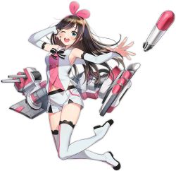 Rule 34 | 1girl, ;d, armpits, azur lane, bare shoulders, black bow, black bowtie, blue eyes, blush, boots, bow, bowtie, breasts, brown hair, character name, closed eyes, detached sleeves, floating hair, full body, hairband, jumping, kizuna ai, kizuna ai inc., kurot, lace-trimmed boots, lace-trimmed sleeves, lace trim, long hair, looking at viewer, multicolored hair, official art, one eye closed, open mouth, outstretched arm, pink hair, pink hairband, ribbon, rigging, sailor collar, shirt, shorts, sidelocks, skirt, smile, solo, streaked hair, tachi-e, teeth, thigh boots, thighhighs, thighs, torpedo launcher, transparent background, upper teeth only, v-shaped eyebrows, virtual youtuber, white footwear, white skirt