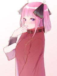 Rule 34 | 1girl, black ribbon, blunt bangs, blush, cloak, coat, collar, fur-trimmed sleeves, fur trim, go-toubun no hanayome, hair ribbon, hand to own mouth, highres, jacket, long sleeves, looking at viewer, medium hair, nakano nino, parted lips, pink hair, purple eyes, red cloak, ribbed sweater, ribbon, solo, sweater, sylvia (huajiuhuajiu), twintails, two side up, upper body, white background