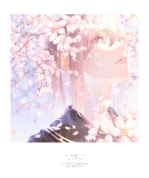 Rule 34 | 1girl, absurdres, artist name, black sailor collar, bouno satoshi, branch, cherry blossoms, dated, eyelashes, flower, hair between eyes, highres, lips, looking up, original, parted lips, pink flower, pink hair, portrait, purple eyes, sailor collar, solo, twitter username, water drop, wet