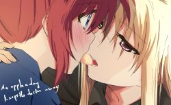 Rule 34 | 2girls, alternate costume, apple, blonde hair, blue eyes, blush, collarbone, couple, earlobes, embarrassed, english text, eye contact, fate testarossa, fingernails, food, fruit, hand on another&#039;s back, imminent kiss, long earlobes, long hair, looking at another, lyrical nanoha, mahou shoujo lyrical nanoha, mahou shoujo lyrical nanoha strikers, multiple girls, neck, open mouth, ossan jololol, purple eyes, red hair, shirt, sideburns, surprised, takamachi nanoha, teeth, tongue, yuri
