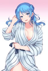 Rule 34 | 1girl, alternate costume, bathrobe, blue eyes, blue hair, blush, breasts, cleavage, collarbone, commentary request, cowboy shot, double bun, hair bun, highres, holding, kantai collection, large breasts, long hair, looking at viewer, lying, open mouth, robe, senbei (senbe i), simple background, smile, solo, thighs, undressing, urakaze (kancolle), water, wet