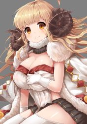 Rule 34 | 10s, 1girl, ahoge, anila (granblue fantasy), blonde hair, blunt bangs, blush, breasts, cape, cleavage, closed mouth, cowboy shot, draph, eyebrows, female focus, fur trim, gloves, granblue fantasy, grey background, highres, horns, large breasts, long hair, looking at viewer, orange eyes, pleated skirt, sheep horns, short eyebrows, simple background, skirt, smile, solo, thighhighs, u rin, upper body, white thighhighs