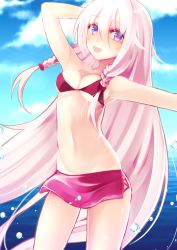 Rule 34 | 1girl, bikini, blue sky, cloud, day, ia (vocaloid), long hair, looking at viewer, mofuruo, ocean, open mouth, purple eyes, silver hair, sky, smile, solo, swimsuit, vocaloid, water