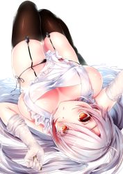 Rule 34 | 1girl, antenna hair, apron, azur lane, black panties, black thighhighs, breasts, chocolate, cleavage, elbow gloves, eyes visible through hair, female focus, full body, garter straps, gloves, highres, large breasts, legs together, long hair, looking at viewer, lying, mole, mole on breast, multicolored hair, naked apron, no bra, on back, orange eyes, panties, prinz eugen (azur lane), reaching, reaching towards viewer, red hair, silver hair, simple background, solo, thighhighs, touwa iyo, underwear, valentine, white background, white gloves