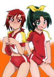 Rule 34 | 2girls, blush, buruma, closed mouth, clothes lift, clothes pull, commentary request, graphite (medium), green eyes, green hair, hair ornament, hino akane (smile precure!), long hair, looking at viewer, midorikawa nao, millipen (medium), multiple girls, onnaski, open mouth, ponytail, precure, red eyes, red hair, shirt lift, shirt pull, short hair, smile, smile precure!, traditional media