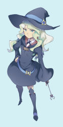 Rule 34 | 10s, 1girl, blue background, blue eyes, boots, collagen, collared shirt, diana cavendish, dress, full body, hand on own hip, hat, little witch academia, long hair, long sleeves, shirt, simple background, solo, wand, white hair, wide sleeves, witch, witch hat