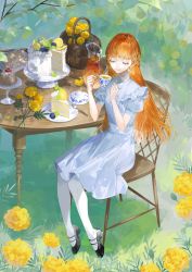 Rule 34 | 1girl, basket, black footwear, blackberry (fruit), blue dress, blunt bangs, braid, cake, cake slice, cake slicer, cake stand, chair, closed eyes, commentary, cookie, cup, dress, flower, food, fork, french braid, fruit, full body, grapes, grass, highres, holding, holding cup, jug (bottle), kao o0, lemon, lemon slice, long hair, marigold, mary janes, orange hair, original, pantyhose, plate, puffy short sleeves, puffy sleeves, shoes, short sleeves, sitting, smile, solo, strawberry, symbol-only commentary, table, tea, teacup, tree, white pantyhose, wooden chair, wooden table, yellow flower
