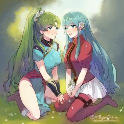Rule 34 | 2girls, aqua dress, aqua hair, artist name, bare legs, blue eyes, blue hair, blush, boots, breasts, brown footwear, closed mouth, couple, dress, earrings, eirika (fire emblem), eye contact, female focus, field, fingerless gloves, fire emblem, fire emblem: the blazing blade, fire emblem: the sacred stones, fire emblem heroes, flower, full body, gloves, grass, green eyes, green hair, hand on another&#039;s thigh, high ponytail, holding hands, jewelry, kneeling, large breasts, legs, long hair, looking at another, lyn (fire emblem), medium breasts, multiple girls, nintendo, no armor, no bra, no cape, no panties, open mouth, pelvic curtain, ponytail, red footwear, red shirt, roarke (lavenderincubus), shirt, short sleeves, side slit, sidelocks, sitting, skirt, smile, thigh boots, thighhighs, white flower, white skirt, yuri, zettai ryouiki