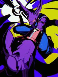 1boy 9ta500 animal_ears armlet beerus blue_pants blue_sash colored_skin dragon_ball dragon_ball_super jewelry pants purple_skin sash solo tagme tail