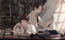 Rule 34 | 2boys, birdcage, book, cage, collared shirt, crystal, cup, curtains, desk, earrings, highres, holding, indoors, jar, jewelry, male focus, multiple boys, nnmy itp0, original, pouring, red hair, shirt, sitting, smile, spoon, stud earrings, wand, white shirt, window, yellow eyes
