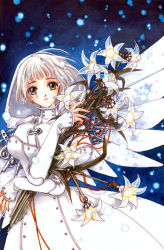 Rule 34 | 1girl, bouquet, clamp, clover (manga), fake flower, flower, green eyes, holding, lamp, lily (flower), long sleeves, official art, short hair, snow, solo, steampunk, suu, suu (clover), white hair, wings, winter