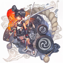 Rule 34 | 1girl, armor, dual wielding, helmet, highres, holding, lantern, mitsudomoe (shape), original, shizuma yoshinori, solo, standing, sword, tomoe (symbol), weapon