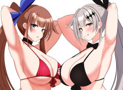 Rule 34 | 2girls, armpits, arms behind head, arms up, bare shoulders, beach, bikini, black bikini, blue eyes, blue ribbon, blush, bow, bowtie, breasts, brown hair, cleavage, collarbone, fal (fal&#039;s summer) (girls&#039; frontline), fal (girls&#039; frontline), five-seven (cruise queen) (girls&#039; frontline), five-seven (girls&#039; frontline), girls&#039; frontline, hair ornament, hair ribbon, large breasts, long hair, looking at viewer, multiple girls, official alternate costume, ponytail, presenting armpit, red bikini, ribbon, simple background, smile, sukoyugiri, swimsuit, tongue, tongue out, upper body, very long hair, white background, white hair