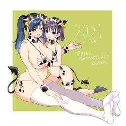 Rule 34 | 2021, 2girls, animal ears, bikini, grabbing another&#039;s breast, breasts, cleavage, collarbone, commentary request, cow ears, cow horns, cow tail, curvy, ear tag, earrings, fake animal ears, fake horns, fake tail, fang, grabbing, green background, green eyes, highres, horns, jewelry, large breasts, medium hair, mojarin (kihara mojarin), multiple girls, nail polish, navel, open mouth, original, purple eyes, purple hair, purple nails, short hair, side-tie bikini bottom, sidelocks, sitting, sweatdrop, swimsuit, tag, tail, thighhighs, translation request, twintails, two-tone background, white background, white legwear