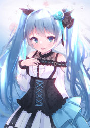 Rule 34 | 1girl, :d, absurdres, alternate costume, aqua rose, bare shoulders, blue eyes, blue hair, center frills, flower, frills, gradient background, hair flower, hair ornament, hatsune miku, highres, long hair, long sleeves, looking at viewer, open mouth, smile, solo, twintails, upper body, usagi (786113654), vocaloid