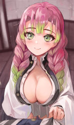 Rule 34 | 1boy, 1girl, absurdres, braid, breasts, cleavage, closed mouth, commentary request, green eyes, green hair, highres, iguro obanai, kanroji mitsuri, kimetsu no yaiba, large breasts, long sleeves, looking at viewer, mole, mole under eye, multicolored hair, pink hair, smile, torriet, twin braids, two-tone hair