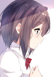 Rule 34 | 1girl, brown hair, commentary request, ears visible through hair, from side, hair between eyes, highres, looking away, open mouth, original, profile, shirt, short hair, solo, suzunari shizuku, white background, white shirt, yuki arare