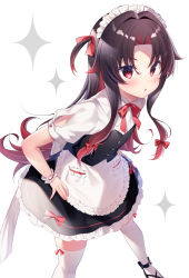 Rule 34 | 1girl, :o, alternate costume, apron, black footwear, black hair, black skirt, black vest, blush, bow, collared shirt, commentary request, enmaided, feet out of frame, frilled apron, frills, gradient hair, gyozanuko, hair bow, hair intakes, highres, long hair, looking at viewer, maid, maid headdress, multicolored hair, parted bangs, parted lips, puffy short sleeves, puffy sleeves, red bow, red eyes, red hair, ryuuou no oshigoto!, shirt, shoes, short sleeves, simple background, skirt, solo, sparkle, standing, thighhighs, very long hair, vest, waist apron, white apron, white background, white shirt, white thighhighs, wrist cuffs, yashajin ai