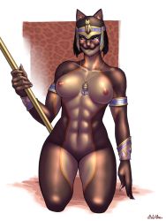 Rule 34 | 1girl, abs, animal ears, armlet, black hair, black sclera, black skin, blush, bob cut, bodypaint, bracelet, breasts, cat ears, cat girl, colored sclera, colored skin, dark nipples, dated, egyptian, fingernails, forehead protector, furry, furry female, grey skin, highres, jewelry, kamen rider, kamen rider agito (series), kneeling, medium breasts, monster girl, multicolored skin, navel, necklace, nipples, no pussy, nude, pantheras magistra, sharp fingernails, short hair, snout, solo, staff, taikyokuturugi, two-tone skin, yellow eyes