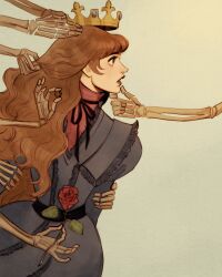 Rule 34 | 1girl, black dress, black ribbon, brown hair, commentary, crown, dress, english commentary, finger to another&#039;s mouth, flower, highres, holding, holding flower, long hair, looking to the side, myrthena, neck ribbon, original, profile, ribbon, rose, simple background, skeletal arm