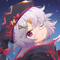Rule 34 | 1girl, arknights, black hat, black jacket, bow, braid, commentary request, eyepatch, hair ornament, hat, hat bow, highres, jacket, looking at viewer, popukar (arknights), rabbit hair ornament, red bow, red eyes, short hair, silver hair, sky, solo, somna, x hair ornament