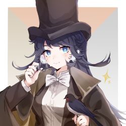 Rule 34 | alternate costume, animal ears, arknights, astesia (arknights), bird, bird ears, bird on hand, blue hair, bow, bowtie, bright pupils, buttons, cloak, collared shirt, dark blue hair, formal, hand in own hair, hat, highres, huiyuenoyi, jacket, long hair, looking at viewer, portrait, shirt, simple background, star-shaped pupils, star (symbol), suit, symbol-shaped pupils, top hat, victorian, wavy mouth, white pupils, white shirt