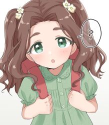 Rule 34 | 1girl, ?, alternate hairstyle, backpack, bag, blush, breasts, brown hair, dot nose, dress, flower, green dress, green eyes, hair flower, hair ornament, holding strap, idolmaster, idolmaster cinderella girls, idolmaster cinderella girls starlight stage, kahiika, kusakabe wakaba, long hair, looking at viewer, open mouth, randoseru, short sleeves, simple background, small breasts, solo, speech bubble, thick eyebrows, twintails, wavy hair, white background