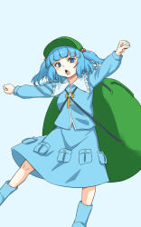 Rule 34 | 1girl, bag, bell, blue background, blue footwear, blue hair, blue shirt, blue skirt, clenched hands, commentary, flat cap, green hat, hair bell, hair ornament, hat, highres, holding, holding bag, kakone, kawashiro nitori, key, one-hour drawing challenge, open mouth, outstretched arms, pocket, shirt, short hair, simple background, skirt, solo, teeth, touhou, two side up, upper teeth only