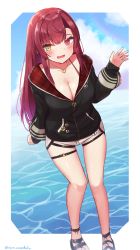 Rule 34 | 1girl, bent over, black jacket, blush, breasts, cleavage, commentary, commentary request, dolphin shorts, heterochromia, highres, hololive, houshou marine, houshou marine (summer), jacket, jewelry, large breasts, long hair, necklace, red hair, sandals, shorts, solo, thigh gap, umedoufu, virtual youtuber, water