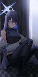 Rule 34 | 1girl, absurdres, bare shoulders, black footwear, black pants, black shirt, blood, blue archive, blue eyes, blue hair, boots, breasts, coat, commentary, crop top, highres, large breasts, leggings, long hair, maviss 03, midriff, no headwear, off shoulder, one eye closed, open clothes, open coat, pants, parted lips, saori (blue archive), shirt, sitting, sleeveless, sleeveless shirt, solo, white coat