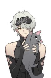 Rule 34 | 1boy, absurdres, alternate costume, animal, bags under eyes, bare shoulders, black gloves, black tank top, cat, chinese commentary, commentary, cowlick, elbow gloves, fingerless gloves, gloves, grey cat, grey hair, hair over one eye, highres, holding, holding animal, holding cat, looking at viewer, male focus, maploon, mask, mask on head, mole, mole under mouth, one eye covered, punishing: gray raven, seams, simple background, skin tight, sleep mask, solo, straight-on, tank top, unkempt, upper body, wanshi (punishing: gray raven), white background, yellow eyes