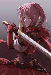 Rule 34 | 1girl, armor, cape, fire emblem, fire emblem engage, hairband, highres, holding, holding sword, holding weapon, lapis (fire emblem), looking at viewer, nintendo, pink hair, red armor, red eyes, short hair, shoulder armor, simple background, skirt, solo, sword, upper body, weapon, yutohiroya