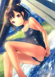Rule 34 | 1girl, absurdres, adjusting clothes, adjusting swimsuit, black hair, breasts, competition school swimsuit, dutch angle, hair ornament, hairclip, highres, one-piece swimsuit, one side up, original, outdoors, partially submerged, purple eyes, scan, school swimsuit, shiny clothes, sitting, small breasts, solo, swimsuit, takoyaki (roast), water, wet