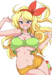 Rule 34 | 1girl, aoiakira553, bare shoulders, blonde hair, blue eyes, blush, bouncing breasts, breasts, cleavage, collarbone, curly hair, dragon ball, grin, hairband, large breasts, leg up, long hair, looking at viewer, lunch (bad) (dragon ball), lunch (dragon ball), midriff, navel, open clothes, open shorts, orange shorts, shiny skin, shorts, sleeveless, smile, solo, underboob, white background