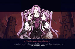 Rule 34 | 3girls, alternate costume, araimin, artist name, black jacket, character name, closed eyes, commentary, crossover, dress, english text, euryale (fate), fate/grand order, fate (series), forehead, frilled sleeves, frills, glasses, gloves, hair ornament, hairband, helltaker, highres, jacket, lolita hairband, long hair, looking at viewer, medusa (fate), medusa (rider) (fate), multiple girls, parody, parted bangs, puffy short sleeves, puffy sleeves, purple eyes, purple hair, ribbon, short sleeves, siblings, sisters, smile, stheno (fate), sweat, twins, twintails