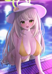 Rule 34 | 1girl, absurdres, balut (7676i), bikini, blue archive, blush, breasts, cleavage, collarbone, halo, hat, highres, large breasts, light brown hair, long hair, looking at viewer, nonomi (blue archive), nonomi (swimsuit) (blue archive), open mouth, partially submerged, poolside, side-tie bikini bottom, solo, sun hat, swimsuit, yellow bikini