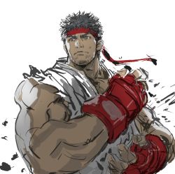 Rule 34 | 1boy, black hair, commentary request, dougi, fighting stance, fingerless gloves, gloves, grey eyes, headband, highres, male focus, muscular, red gloves, ryu (street fighter), short hair, sketch, sleeveless, solo, street fighter, thick eyebrows, yasuda akira