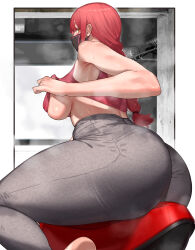 Rule 34 | 1girl, absurdres, ass, ass focus, bare shoulders, braid, braided ponytail, breasts, chainsaw man, clothes pull, crop top, highres, huge ass, kikimifukuri, large breasts, looking at viewer, looking to the side, makima (chainsaw man), mask, mouth mask, pants, red hair, shirt, shirt pull, solo, steaming body, sweat, yellow eyes