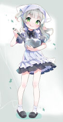 Rule 34 | 1girl, :q, amimi, apron, black bow, black bowtie, black dress, black footwear, blunt bangs, bow, bowl, bowtie, commentary request, commission, dress, frilled apron, frills, full body, green eyes, grey hair, highres, holding, holding bowl, holding whisk, indie virtual youtuber, kamo negi, long hair, mixer (cooking), puffy short sleeves, puffy sleeves, short dress, short sleeves, skeb commission, slippers, socks, star (symbol), tongue, tongue out, virtual youtuber, whisk, whisking, white apron, white headwear, white socks